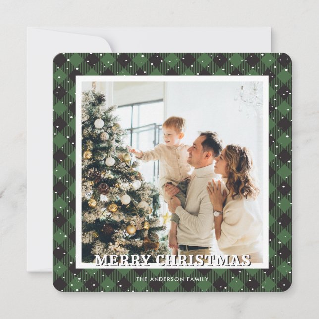 Green Plaid Snow Photo Merry Christmas Holiday Card (Front)