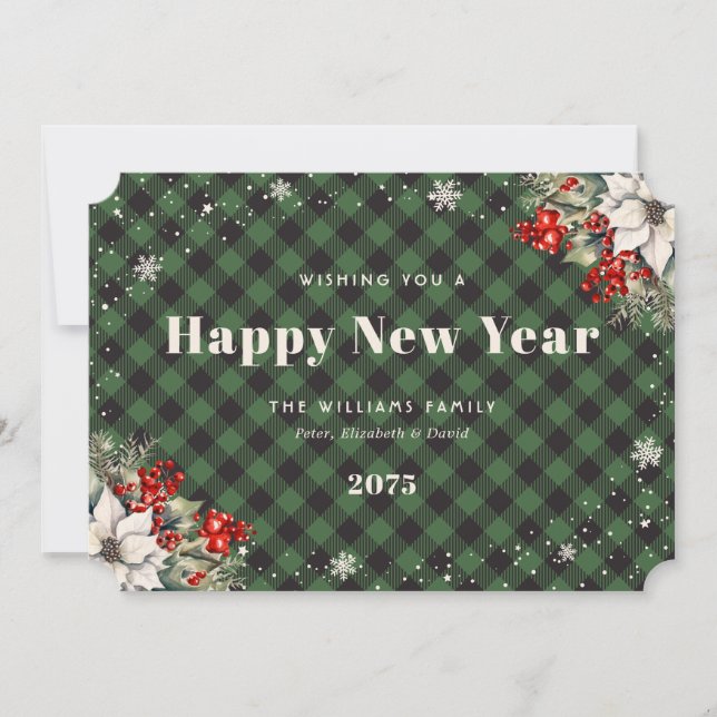 Green Plaid Snowflake Botanical New Year Card (Front)