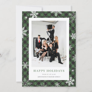 Green Plaid Snowflake Photo Corporate Business Holiday Card
