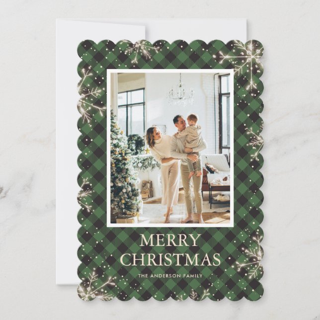 Green Plaid Snowflake Photo Merry Christmas Holiday Card (Front)