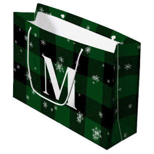 Green Plaid & Snowflakes Monogram Initial Winter Large Gift Bag