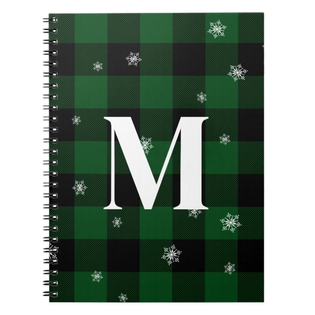 Green Plaid & Snowflakes Monogram Initial Winter Notebook (Front)