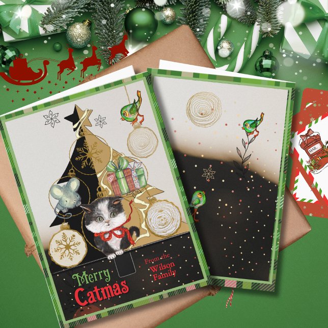 Green Plaid Split-Tree Catmas Card | Cute Kitten  (Green Plaid Split-Tree Catmas Card  Cute Kitten )