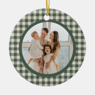 Green Plaid Tartan Pattern Annual Christmas Photo Ceramic Ornament