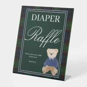 Green plaid teddy bear baby shower diaper raffle pedestal sign