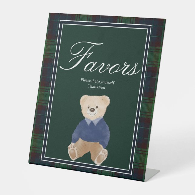 Green plaid teddy bear baby shower favour table pedestal sign (Front)