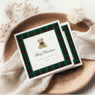 Green Plaid Teddy Bear Christmas Party Napkin