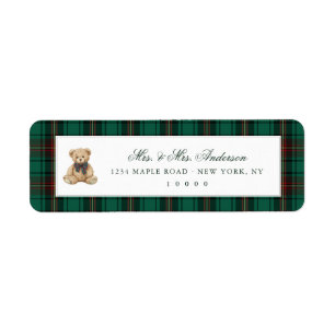 Green Plaid Teddy Bear Christmas Return Address Label