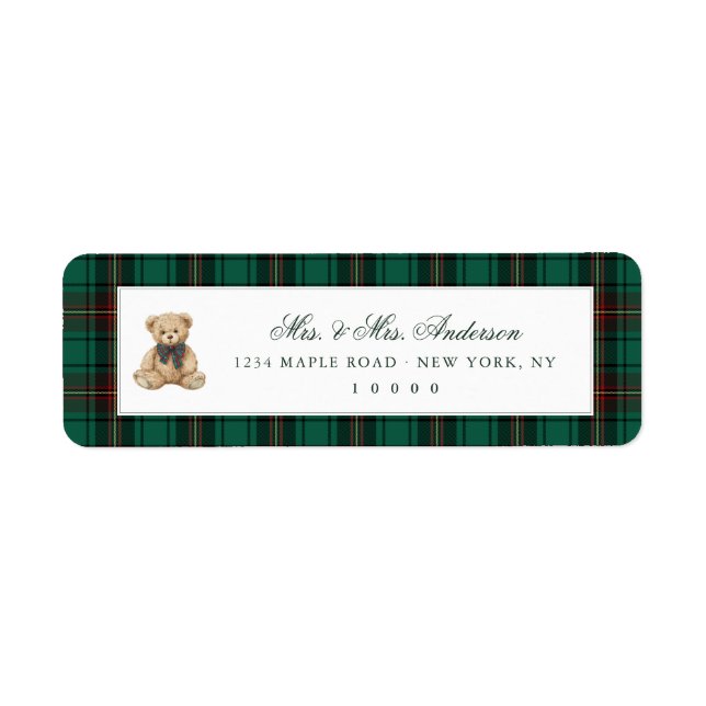 Green Plaid Teddy Bear Christmas  Return Address Label (Front)