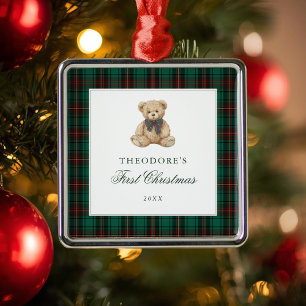 Green Plaid Teddy Bear First Christmas Metal Ornament