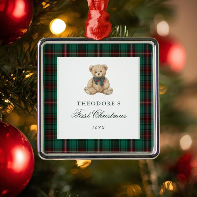 Green Plaid Teddy Bear First Christmas  Metal Ornament (Creator Uploaded)