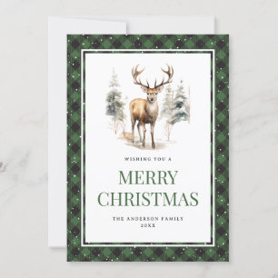 Green Plaid Watercolor Deer Snow Merry Christmas Holiday Card