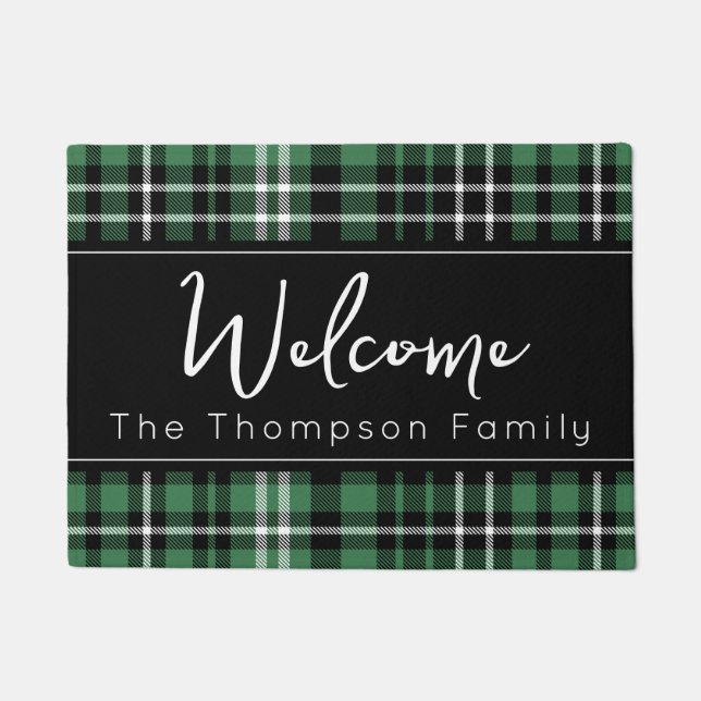 Green Plaid Welcome Monogrammed Family Name Doorm Doormat (Front)