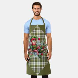 Green Plaid With a Lazy Elf on A Branch Apron