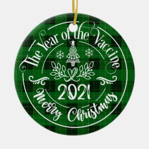 Green Plaid Year of the Vaccine 2021 Christmas Ceramic Ornament