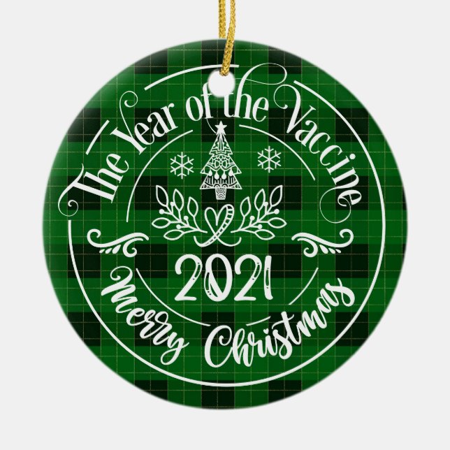 Green Plaid Year of the Vaccine 2021 Christmas Ceramic Ornament (Front)