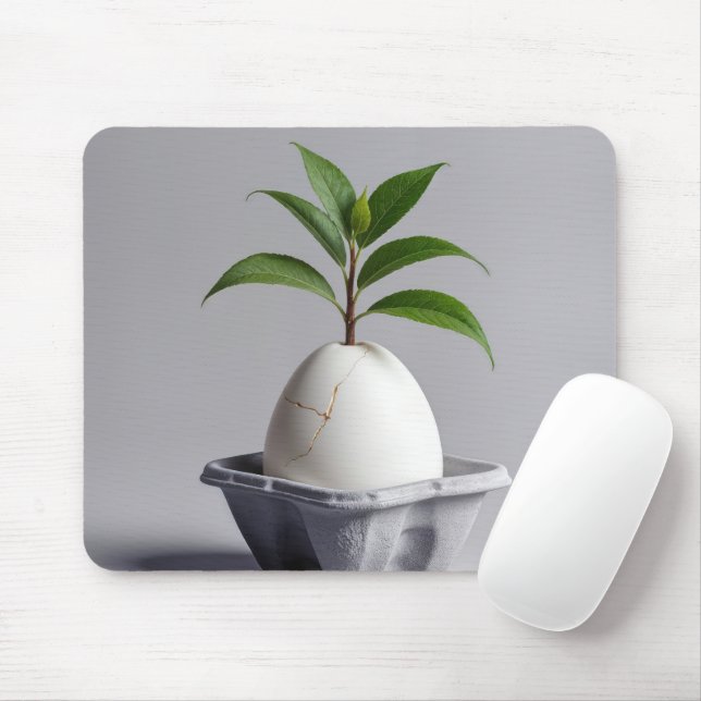 Green Plant Growing Out of a White Egg Mouse Pad (With Mouse)