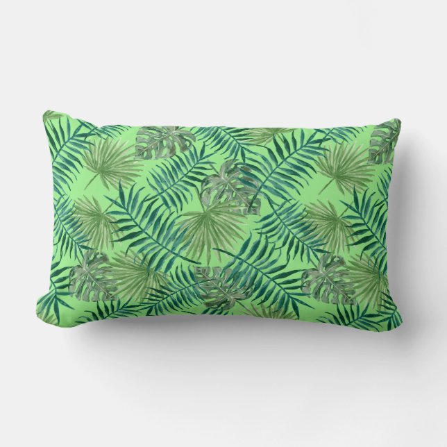 Green Plant Leaf Pattern Tropical Lumbar Cushion (Front)