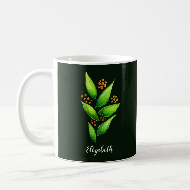 Green Plant Orange Berries Watercolor Name Coffee Mug (Left)