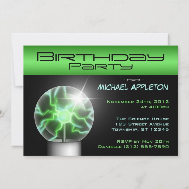 Green Plasma Ball Birthday Party Invitations (Front)