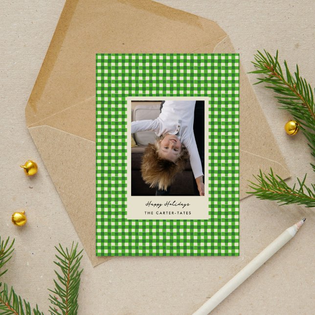 Green Playful Hand-Drawn Chequered Photo Holiday Card (Green Playful Hand-Drawn Checkered Photo Holiday Card)