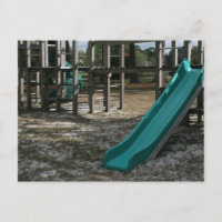 Green Playground slide, wood jungle gym