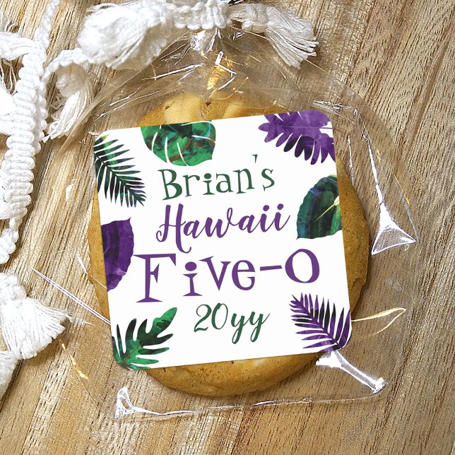 Green, Plum Purple Leaves Hawaii 5-0 50th Birthday Square Sticker (Green plum purple tropical Hawaiian monstera leaves, 50th birthday, Hawaii 5-0 party favor sticker)