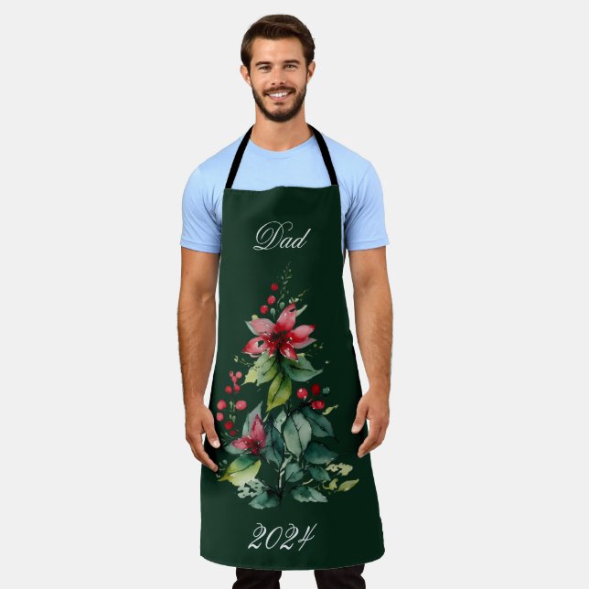 Green Poinsettia Christmas Tree Name Date Holiday Apron (Worn)