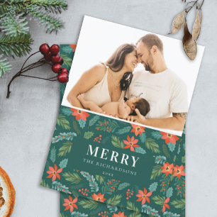 Green Poinsettia Merriest Christmas Pattern Photo Holiday Card