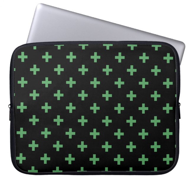 Green polka crosses on black laptop sleeve (Front)