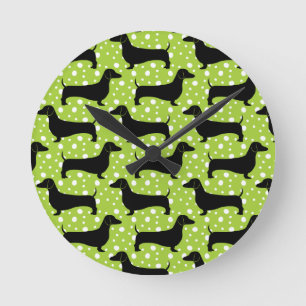 Green Polka Dachshunds Round Clock