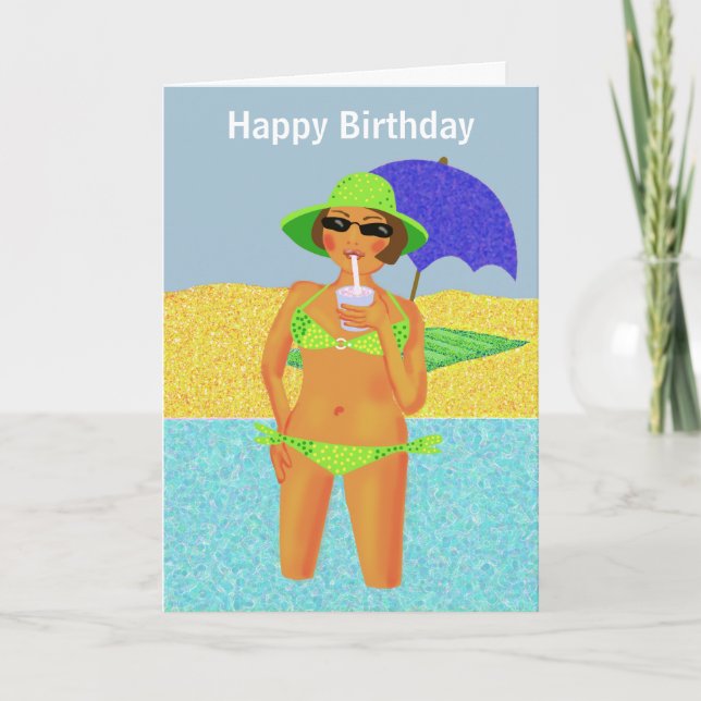 Green polka dot bikini beach birthday girl card (Front)