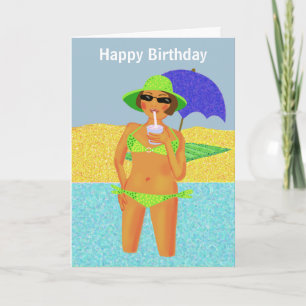 Green polka dot bikini beach birthday girl card