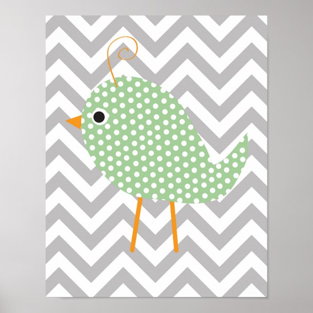 Green Polka Dot Bird, Grey Chevron Bedroom Nursery Poster (Front)