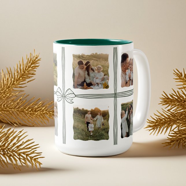 Green Polka Dot Christmas Bow Family Photo Collage Two-Tone Coffee Mug (Green Polka Dot Christmas Bow Family Photo Collage Two-Tone Coffee Mug)