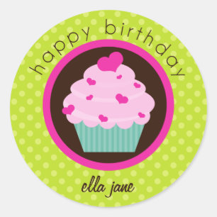 Green Polka Dot Cupcake Happy Birthday Sticker
