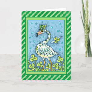 GREEN POLKA DOT FLAMINGO, FUNNY ST. PATRICK'S DAY HOLIDAY CARD