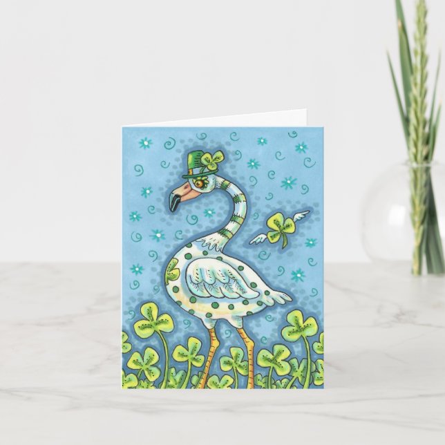 GREEN POLKA DOT FLAMINGO, FUNNY ST. PATRICK'S DAY HOLIDAY CARD (Front)