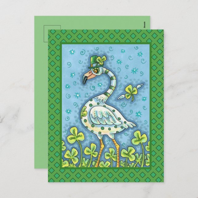 GREEN POLKA DOT FLAMINGO, FUNNY ST. PATRICK'S DAY HOLIDAY POSTCARD (Front/Back)