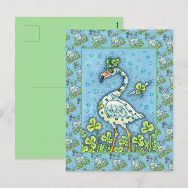 GREEN POLKA DOT FLAMINGO, FUNNY ST. PATRICK'S DAY HOLIDAY POSTCARD (Front/Back)