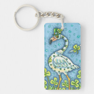 GREEN POLKA DOT FLAMINGO, FUNNY ST. PATRICK'S DAY KEY RING