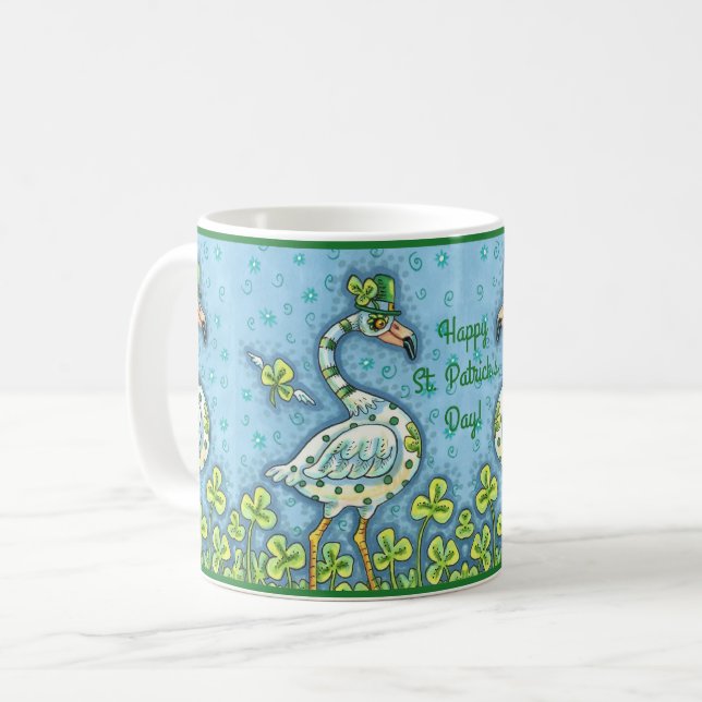 GREEN POLKA DOT FLAMINGOS, FUNNY ST. PATRICK'S DAY COFFEE MUG (Front Left)