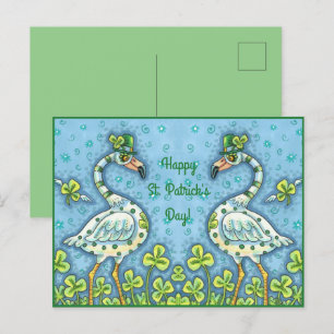 GREEN POLKA DOT FLAMINGOS, FUNNY ST. PATRICK'S DAY HOLIDAY POSTCARD