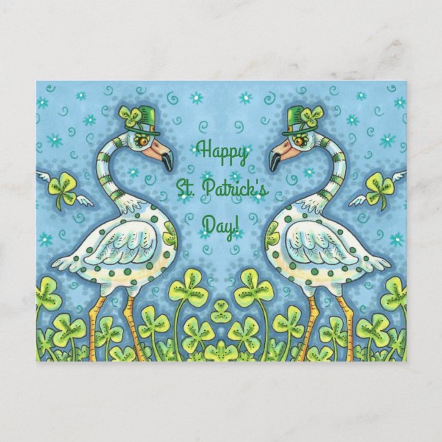 GREEN POLKA DOT FLAMINGOS, FUNNY ST. PATRICK'S DAY HOLIDAY POSTCARD (Front)