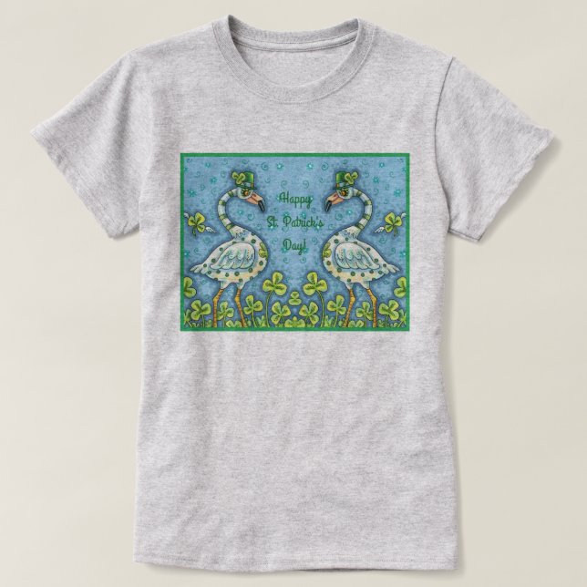 GREEN POLKA DOT FLAMINGOS, FUNNY ST. PATRICK'S DAY T-Shirt (Design Front)