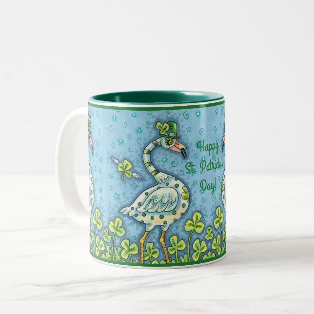 GREEN POLKA DOT FLAMINGOS, FUNNY ST. PATRICK'S DAY Two-Tone COFFEE MUG (Front Left)