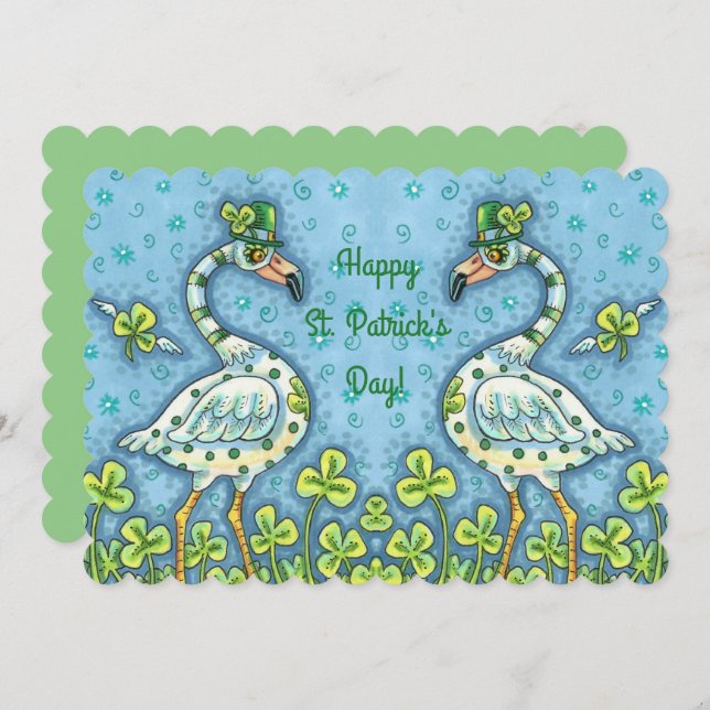 GREEN POLKA DOT FLAMINGOS, ST. PATRICK'S DAY Flat Holiday Card (Front/Back)