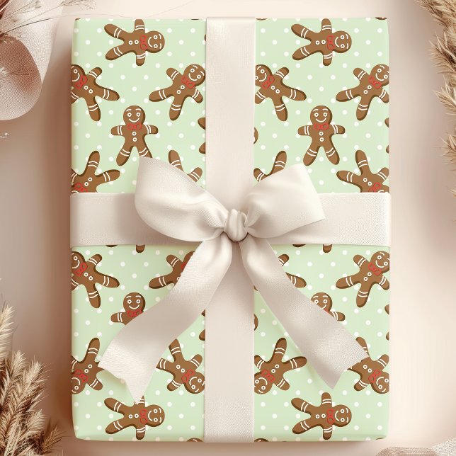 Green Polka Dot Gingerbread Man Christmas Wrapping Paper (Creator Uploaded)