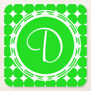 Green Polka Dot Monogram Square Paper Coaster