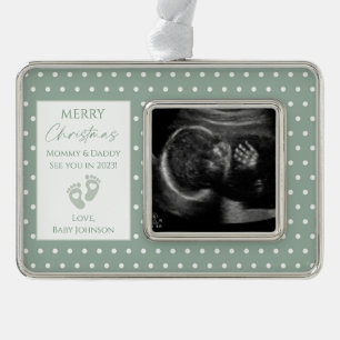 Green Polka Dot New Baby Ultrasound Photo Silver Plated Framed Ornament